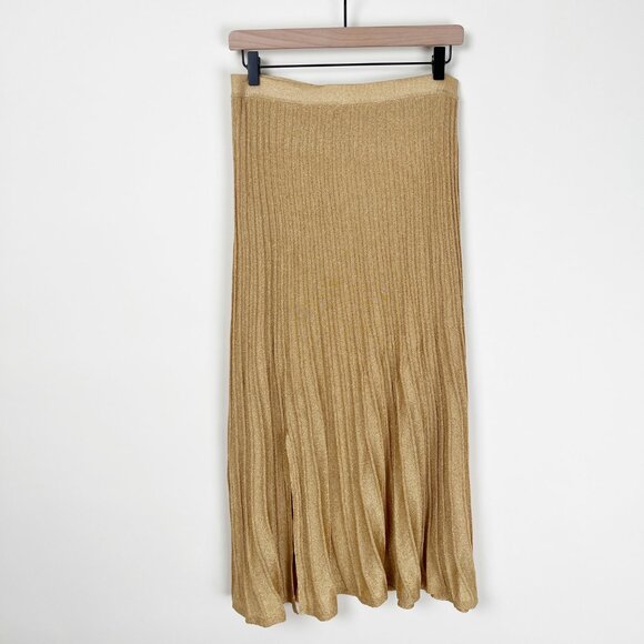 Sandro Emanuelle Metallic Knitted Midi Skirt Pleated High Rise Waisted Slit Gold - Picture 5 of 9